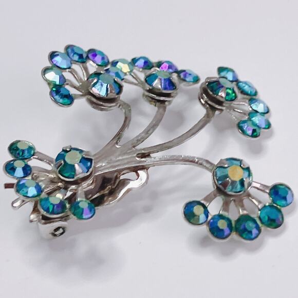 VTG Mid Century Peacock Blue AB Rhinestone Silver Tone Clip On Atomic Earrings - Picture 5 of 10